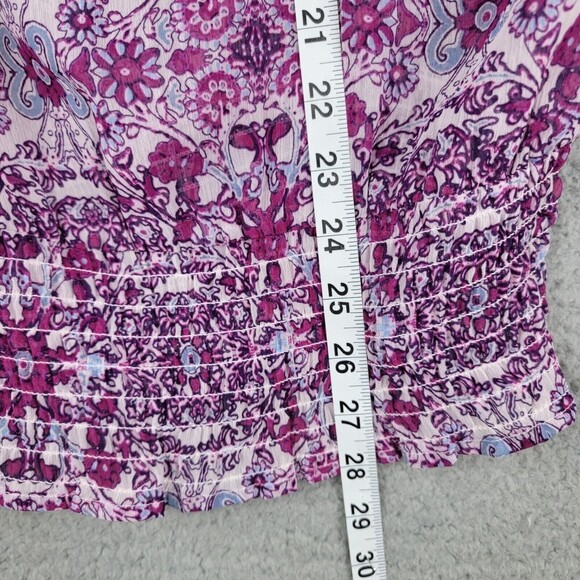 Fever Womens Blouse Top  Large Elastic Smocked Waist Tab Sleeves Sheer Floral - Picture 8 of 16